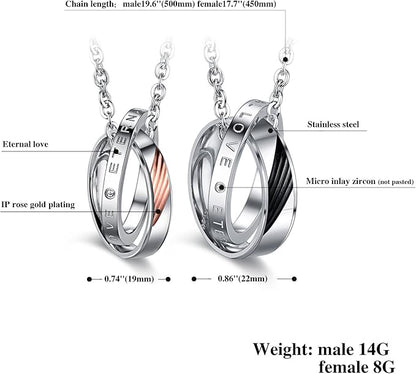 Rockyu 永遠の絆・ステンレススチールペアリングネックレス（LOVE刻印＆ジルコン付き）