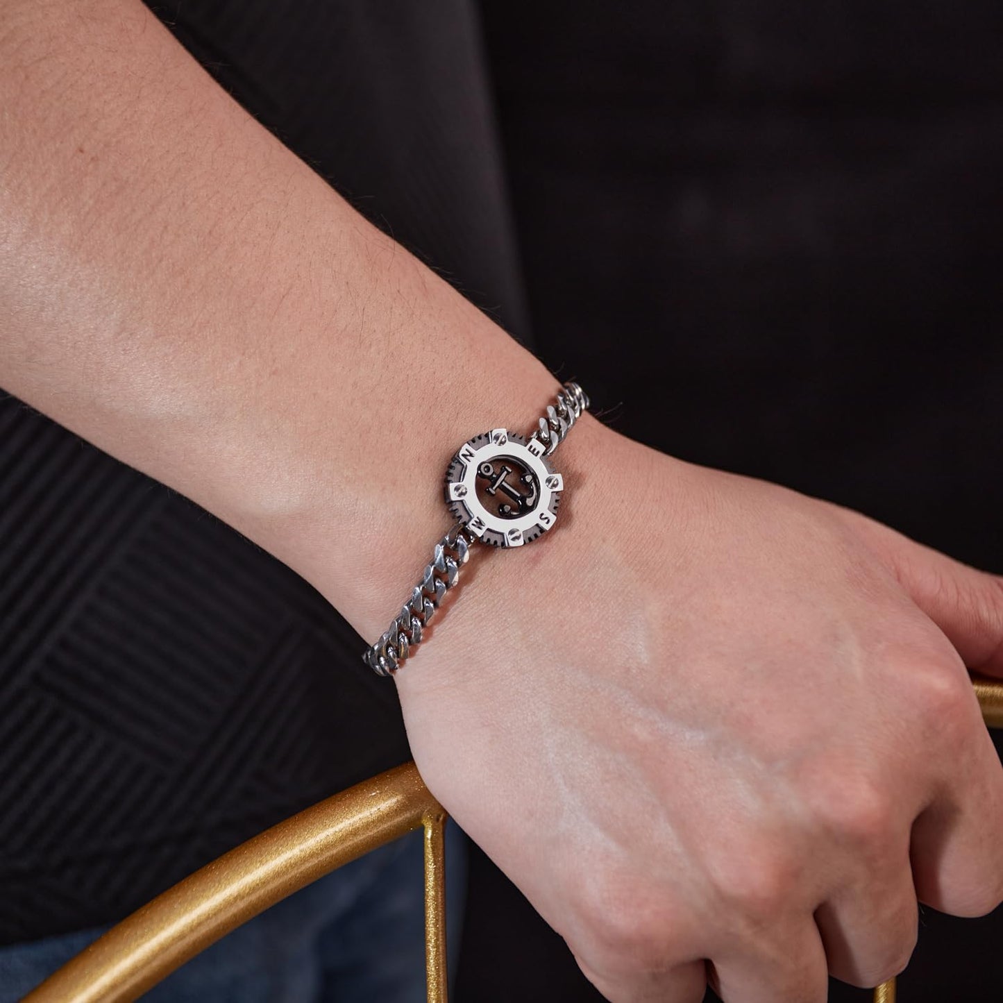 Rockyu ステンレス 錨コンパスデザイン メンズブレスレット 喜平チェーン