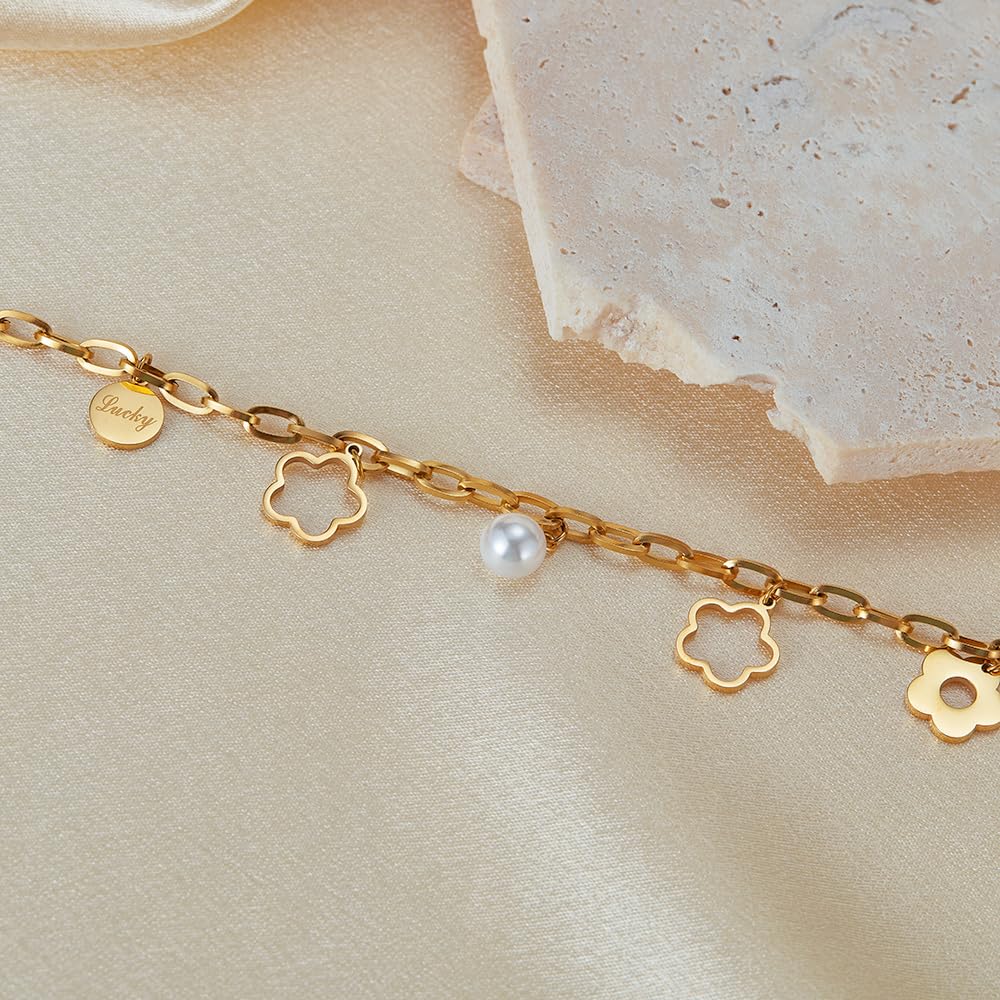 ブレスレット レディース ステンレス製 花モチーフ 18Kゴールド仕上げ パールチャーム付き