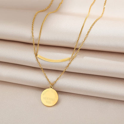Rockyu レディース二連ネックレス ゴールド コインペンダント ステンレス製 鎖骨アクセ