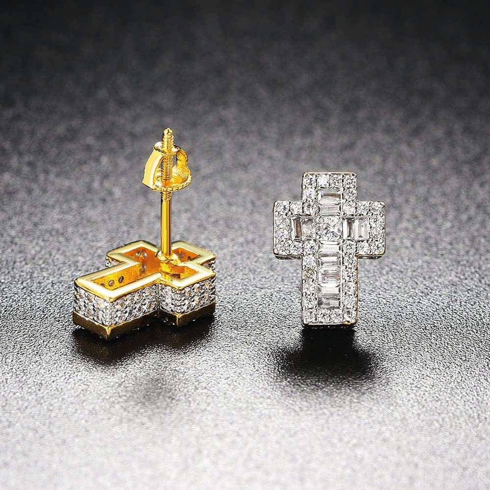 [Rockyu] ピアス メンズ ネジ式 シルバー ゴールド ジルコニア 立体 クロス 十字架ピアス CZダイヤ スタッドピアス 銅製 金属アレルギー対応 おしゃれ 誕生日 プレゼント アクセサリー