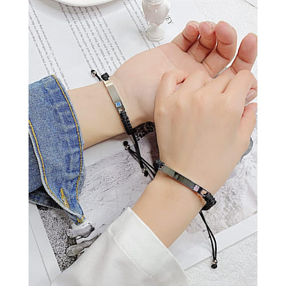 Rockyu レザーブレスレット ペア カップル用 調整可能コードタイプ ステンレス×CZ プレート 男女兼用