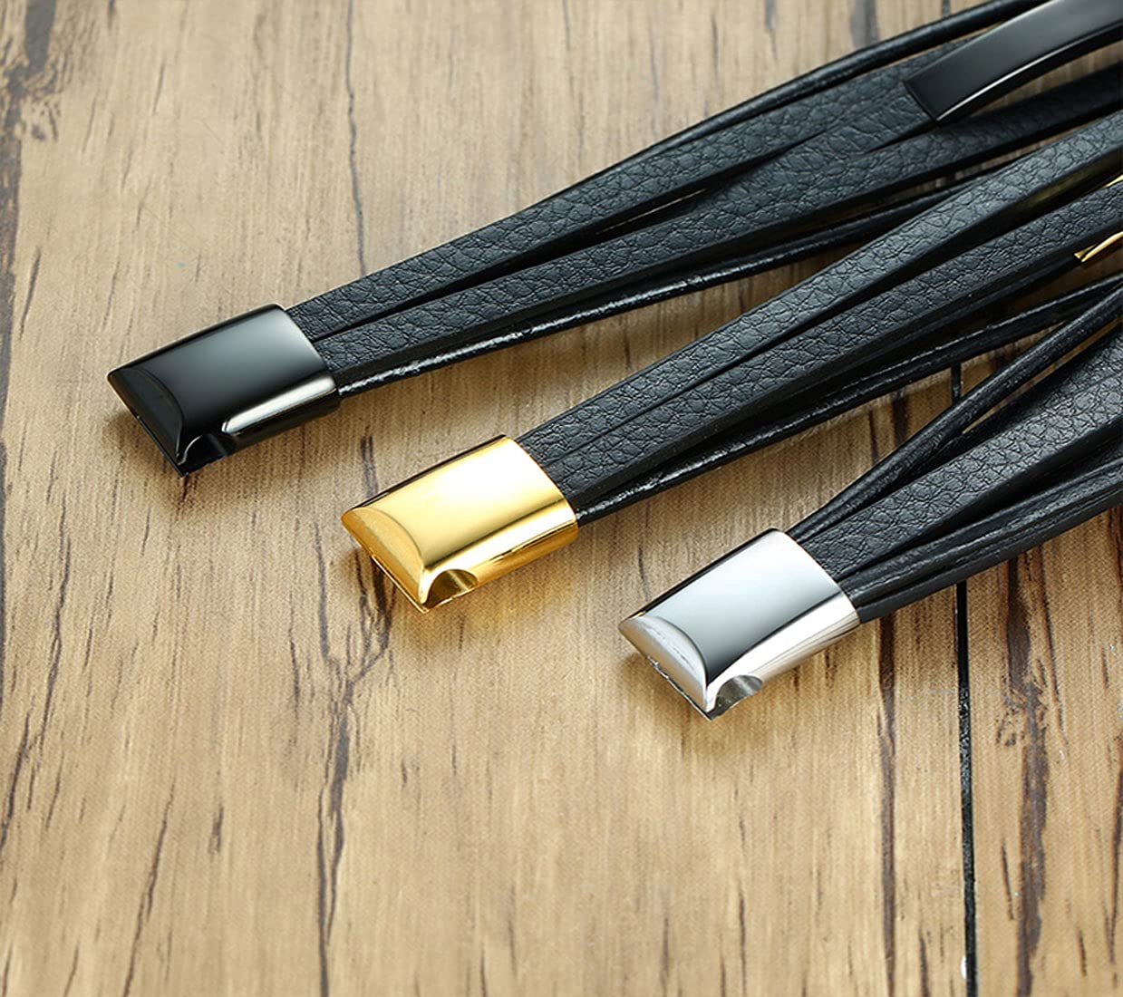 Rockyu ブレスレット メンズ ブラック レザー 多連 ステンレスプレート 金属アレルギー対応