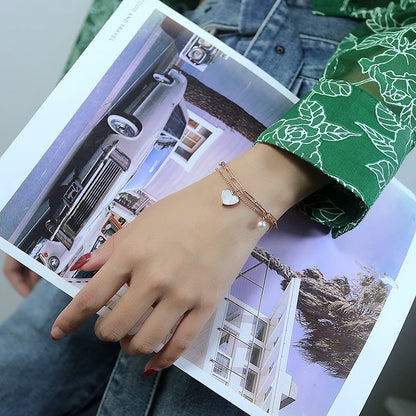 Rockyu ブレスレット レディース 二連チェーン ハート&パールモチーフ チタン製