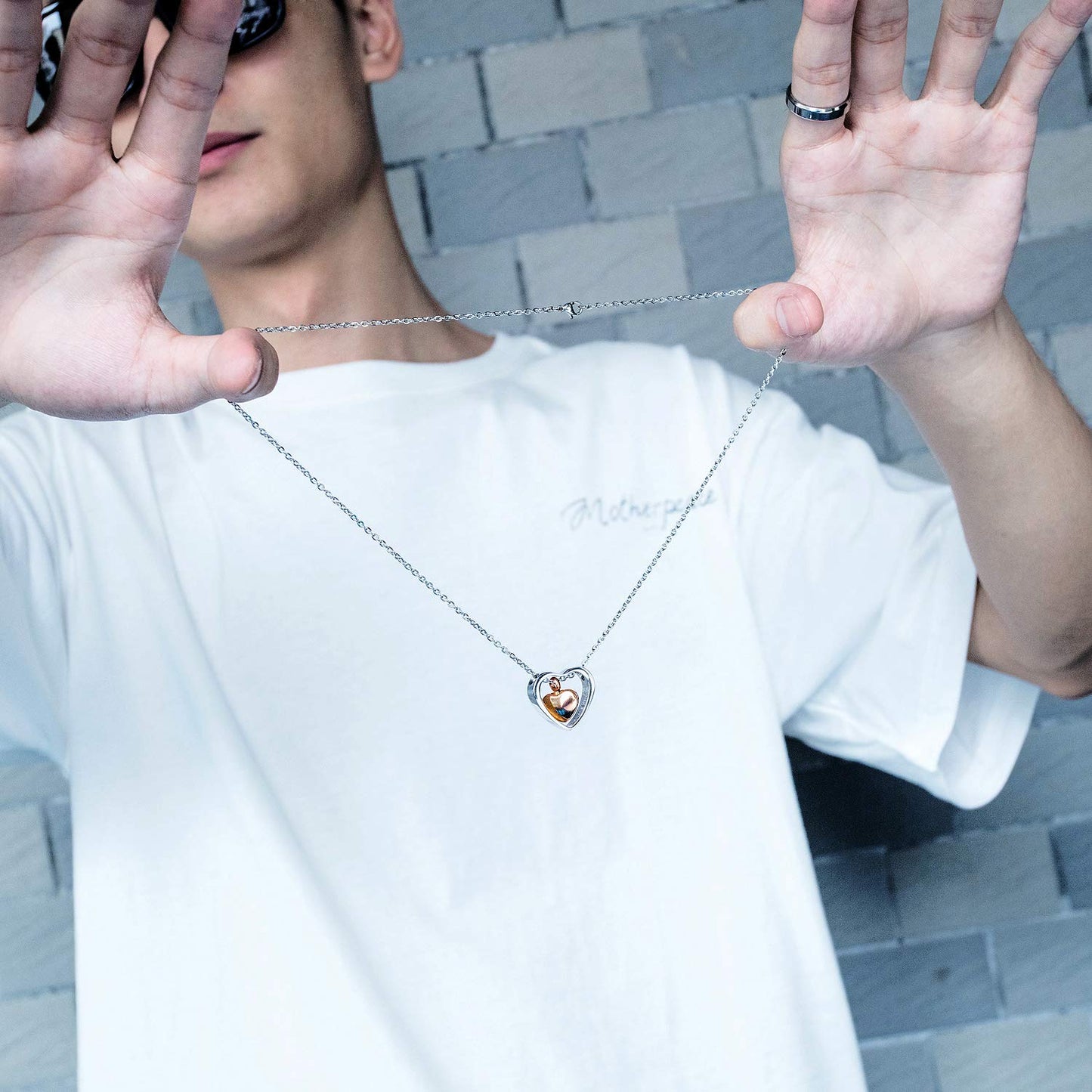 Rockyu ダブルハートネックレス レディース チタン製 ローズゴールド×シルバー メモリアルペンダント 500mmチェーン