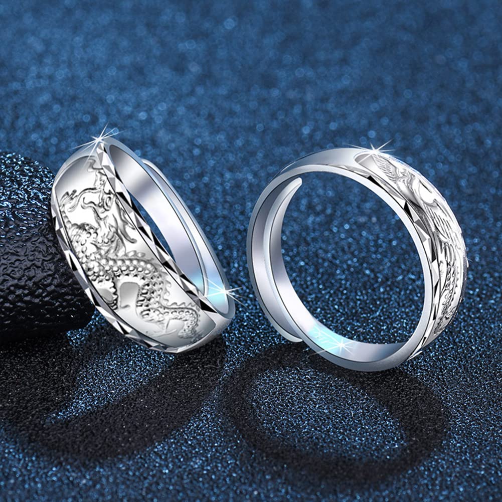 Rockyu 龍鳳彫りリング フリーサイズ 純銀製 シルバー990 メンズ レディース兼用 結婚指輪 伝統