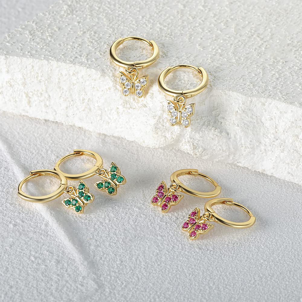 Rockyu ピアス レディース 蝶モチーフ フープ シルバー925 18金仕上げ ジルコニア 揺れる 小さめ 両耳用 プレゼント