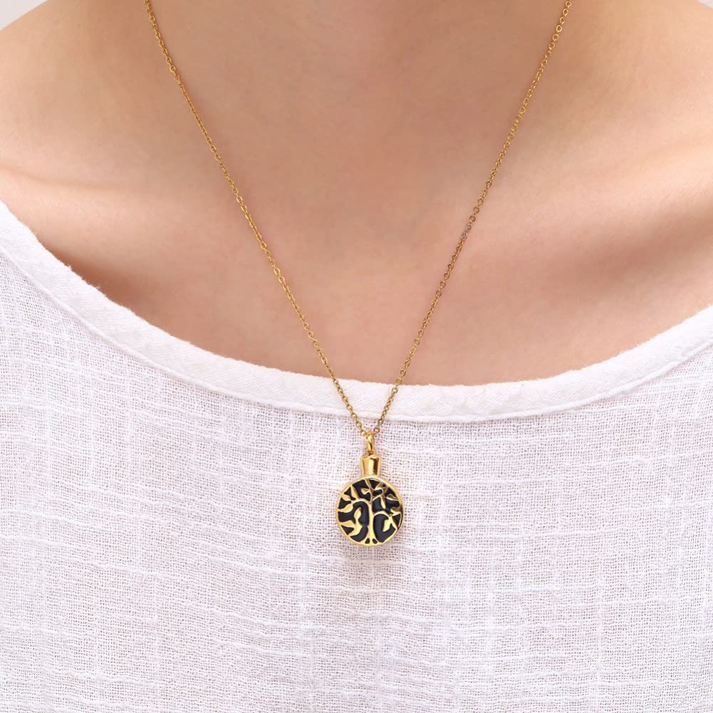 Rockyu メモリアルネックレス レディース 生命の樹デザイン 遺骨入れペンダント チタン製 ゴールド仕上げ