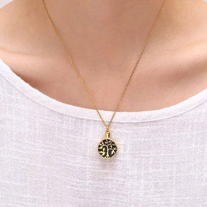Rockyu メモリアルネックレス レディース 生命の樹デザイン 遺骨入れペンダント チタン製 ゴールド仕上げ