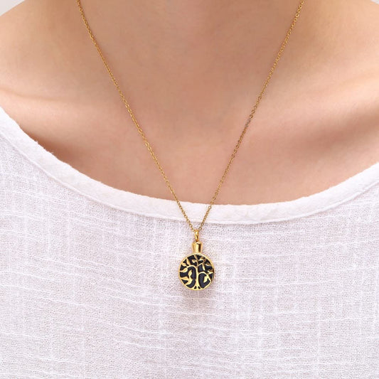 Rockyu メモリアルネックレス レディース 生命の樹デザイン 遺骨入れペンダント チタン製 ゴールド仕上げ