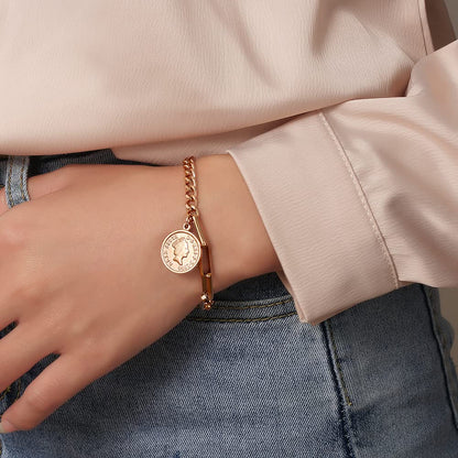 Rockyu ブレスレット レディース ピンクゴールド 18k 女王 エリザベス コインブレスレット おしゃれ ペンダント 十字架風チェーン 誕生日 パーティー プレゼント アクセサリー (ピンクゴールド)