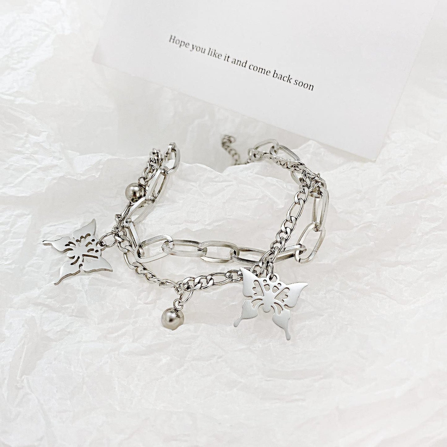 Rockyu ブレスレット レディース バタフライ シルバー プラチナメッキ チェーン