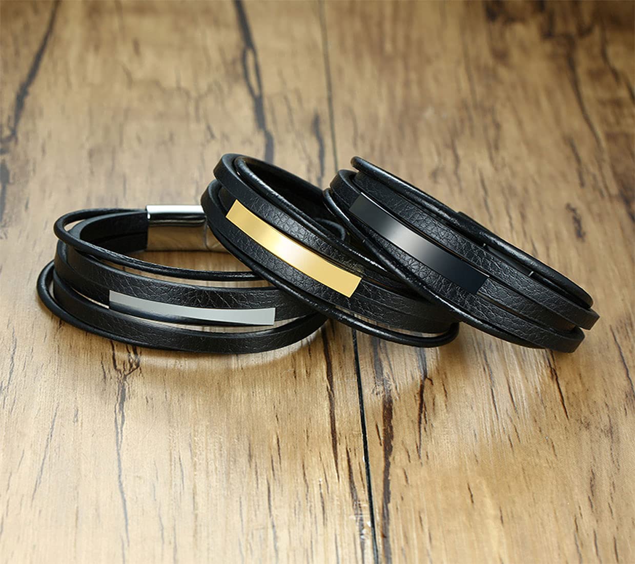 Rockyu ブレスレット メンズ ブラック レザー 多連 ステンレスプレート 金属アレルギー対応