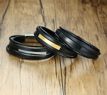 Rockyu ブレスレット メンズ ブラック レザー 多連 ステンレスプレート 金属アレルギー対応