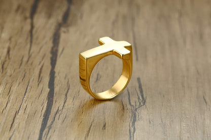 Rockyu メンズリング クロスモチーフ ブラックステンレス 十字架デザイン指輪