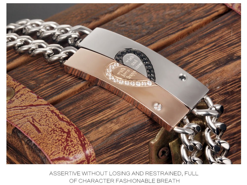 Rockyu ペアブレスレット カップル用 ハートモチーフ ステンレス ピンクゴールド＆ブラック