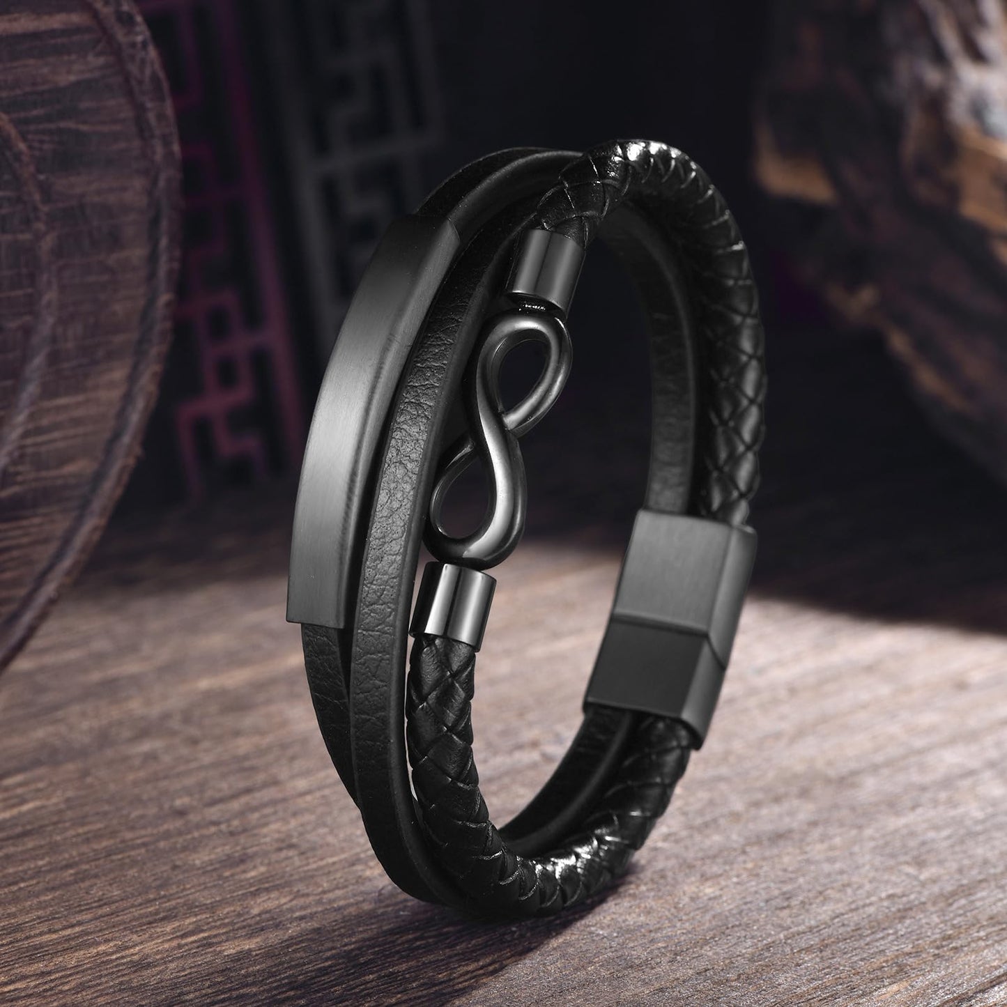 Rockyu ブレスレット メンズ 無限シンボル 8字モチーフ 編み込みレザー ステンレス ブラック シンプル おしゃれ カジュアル ギフト