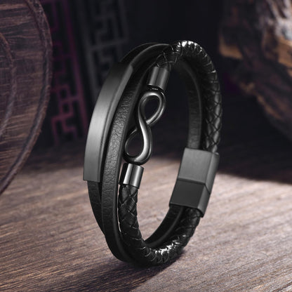 Rockyu ブレスレット メンズ 無限シンボル 8字モチーフ 編み込みレザー ステンレス ブラック シンプル おしゃれ カジュアル ギフト