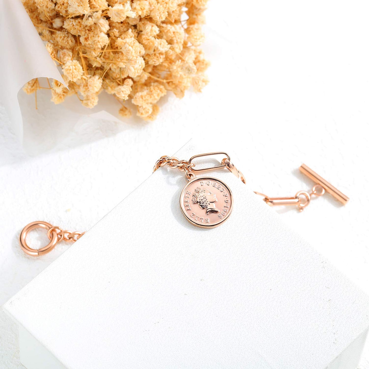 Rockyu ブレスレット レディース ピンクゴールド メダルデザイン アンティーク風 ステンレス