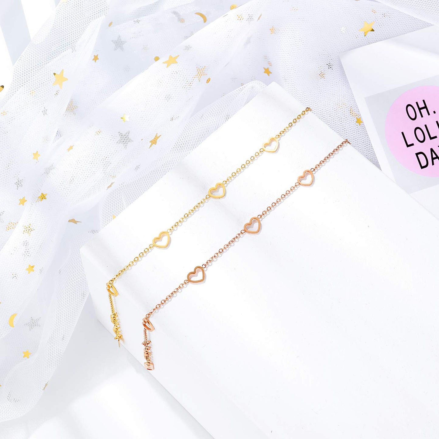 Rockyu ブレスレット レディース ハートモチーフ 18金メッキ チタン製チェーン 細めデザイン