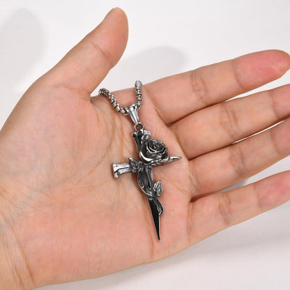 Rockyu ネックレス メンズ シルバー 十字架＆バラモチーフ ステンレス製 ロングチェーン ヴィンテージ風 アレルギー対応