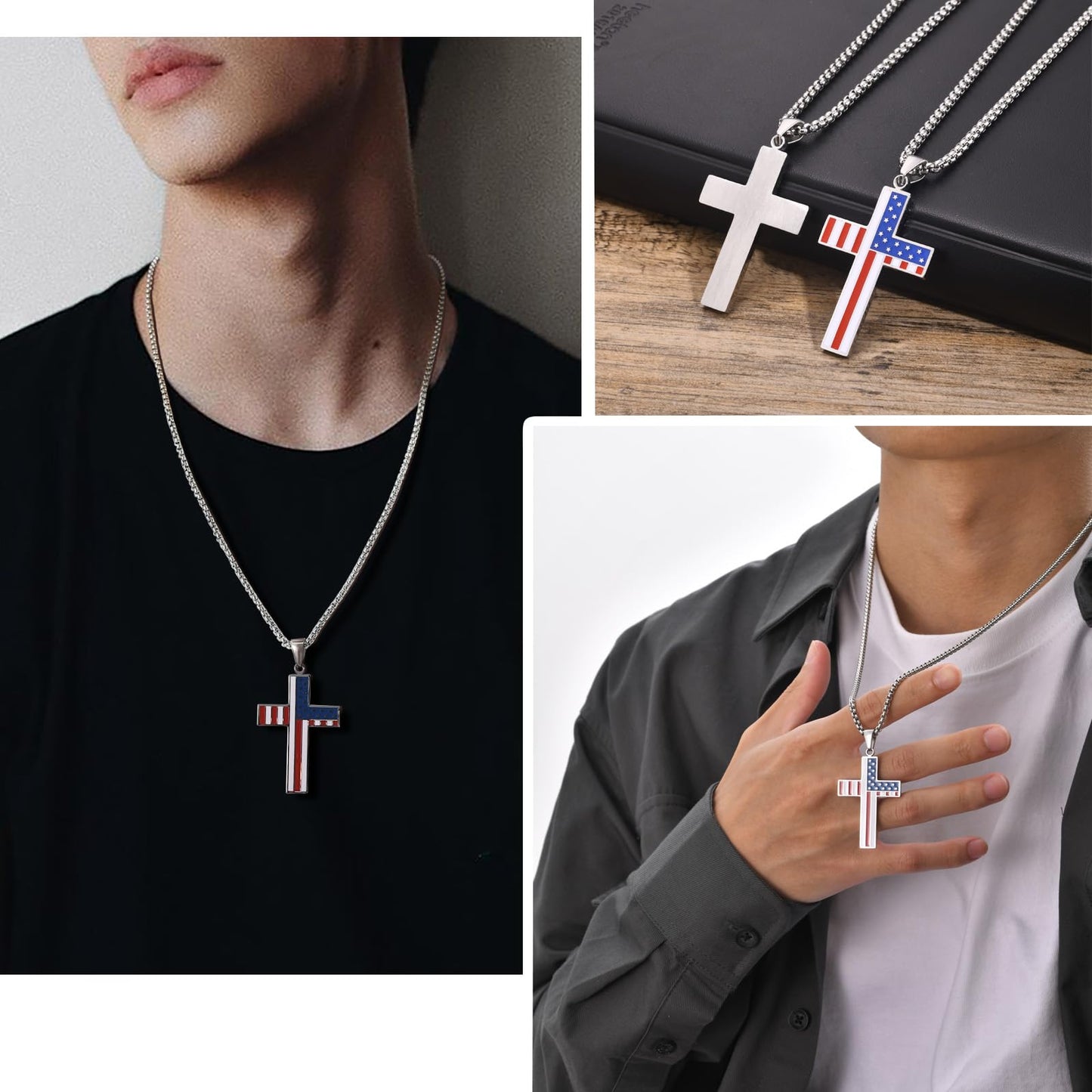 Rockyu ステンレス アメリカ国旗デザイン クロスペンダント メンズネックレス