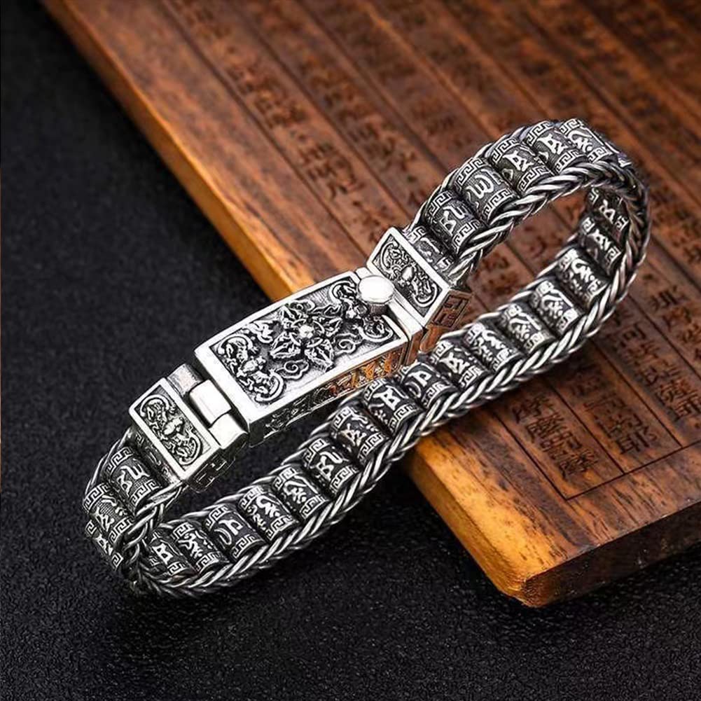 Rockyu 六字真言ローラーブレスレット メンズ シルバー