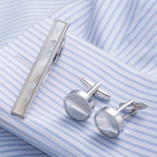 Rockyu 白蝶貝タイピン＆カフスセット｜ラウンドデザイン×ビジネス＆フォーマル対応