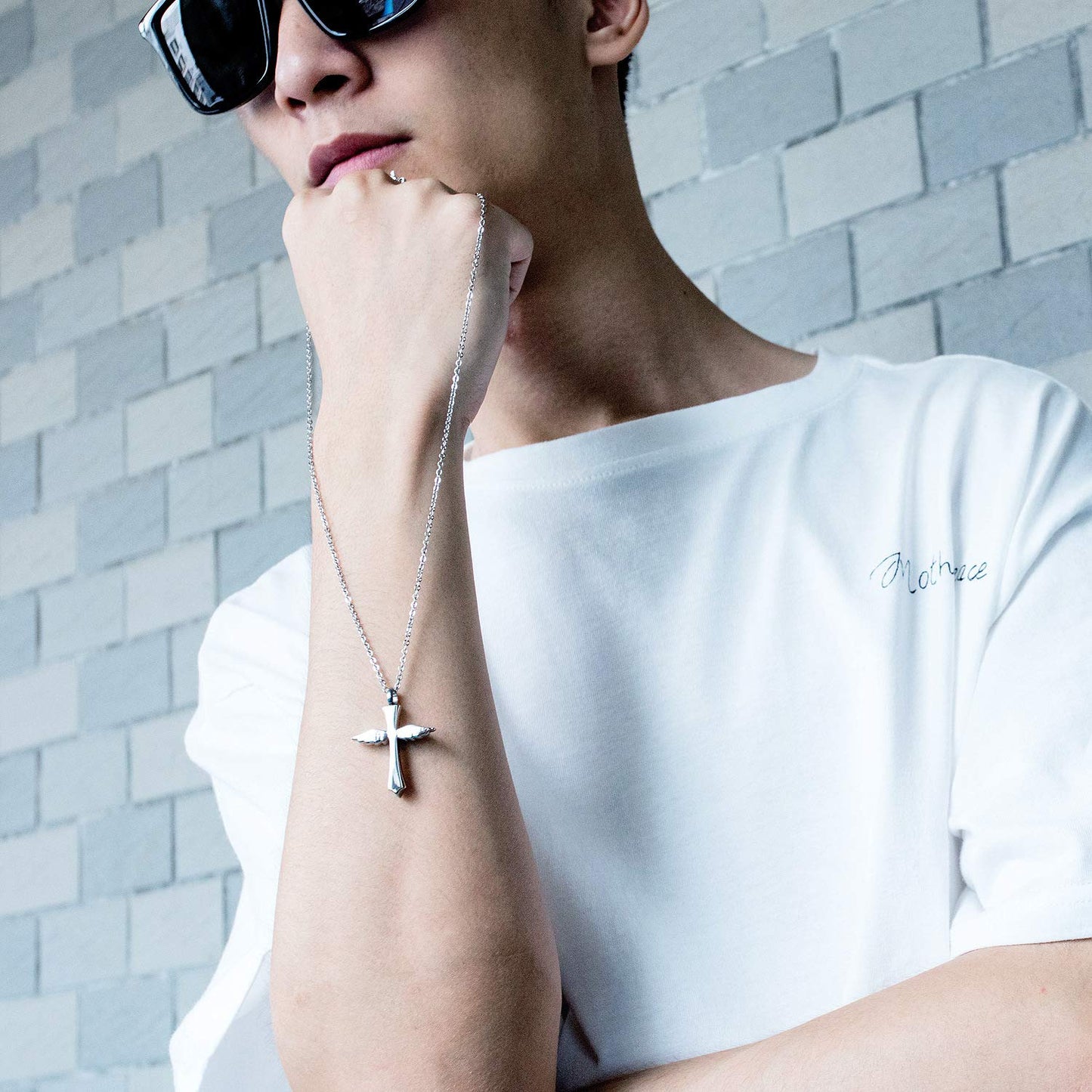 Rockyu メモリアルネックレス レディース メンズ 天使の翼 クロス 遺骨ペンダント あずきチェーン チタン 金属アレルギー対応