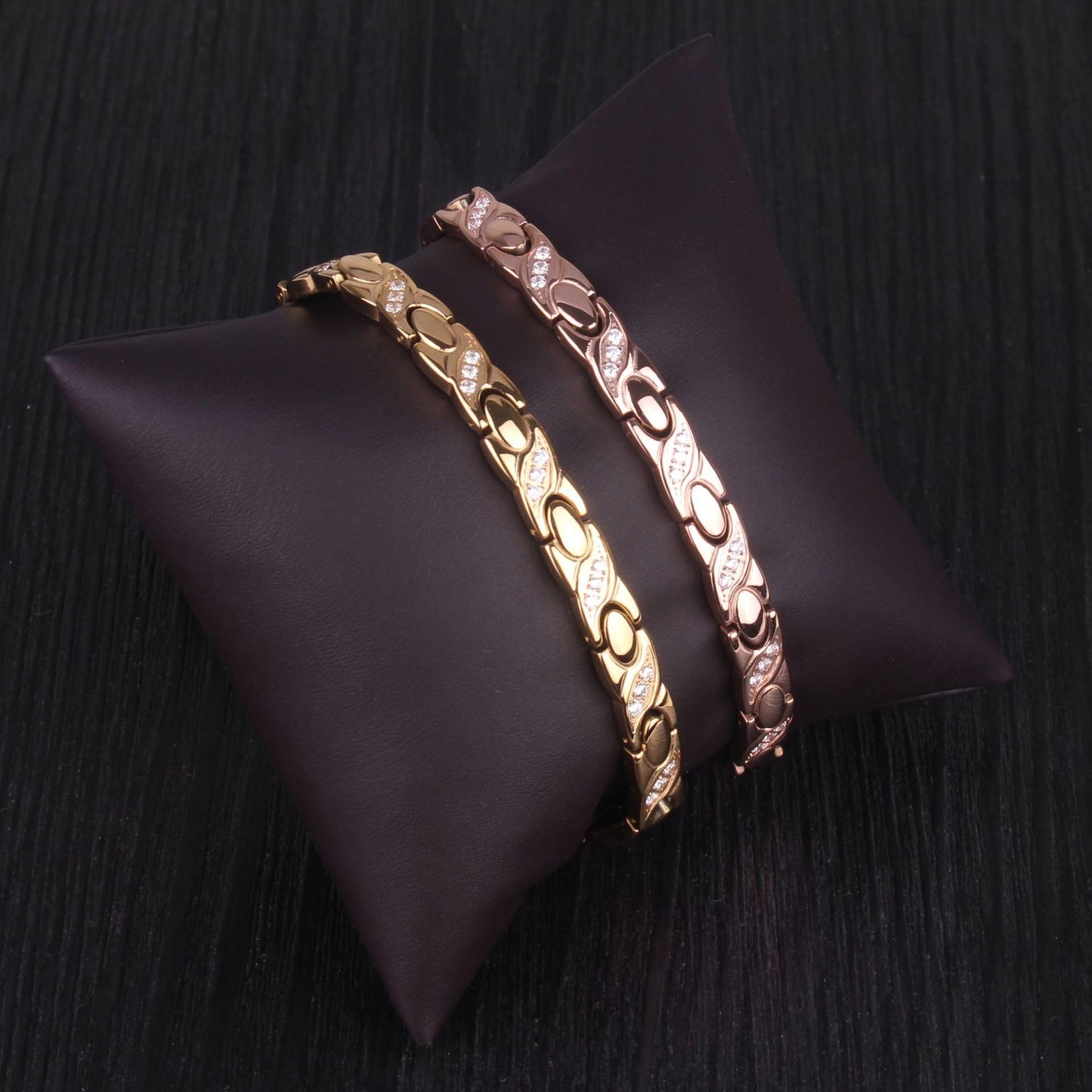 Rockyu チタン磁気ブレスレット レディース ジルコニア付 ゴールド／ピンクゴールド