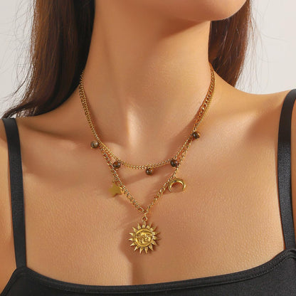 Rockyu 太陽と月の2連ネックレス ゴールド ステンレス 星チャーム付き