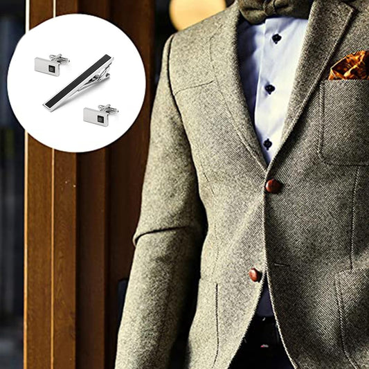 Rockyu ネクタイピン カフスセット メンズ 黒ジルコニア 長方形 ステンレス