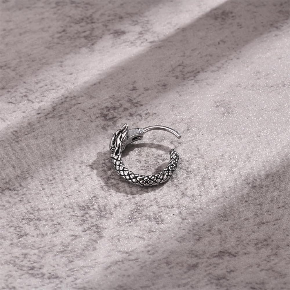 Rockyu ピアス メンズ 竜頭モチーフ フープ ステンレス シルバー 金属アレルギー対応 片耳用