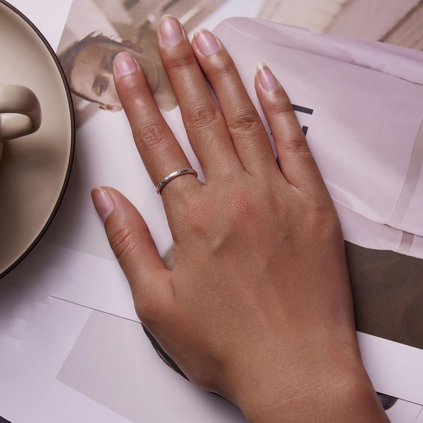 Rockyu ターコイズスターリングシルバーリング レディース 星モチーフ 細身デザイン