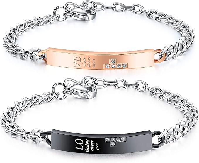 Rockyu ペアブレスレット チタン製 シンプルチェーン ジルコニア付き メンズ＆レディース