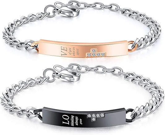 Rockyu ペアブレスレット チタン製 シンプルチェーン ジルコニア付き メンズ＆レディース