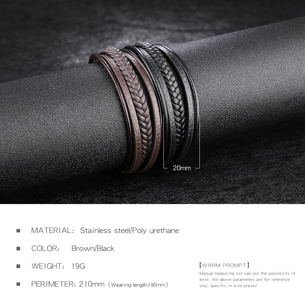 Rockyu 多連レザーブレスレット｜編み込み×PU革 メンズカジュアルバングル