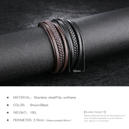 Rockyu 多連レザーブレスレット｜編み込み×PU革 メンズカジュアルバングル