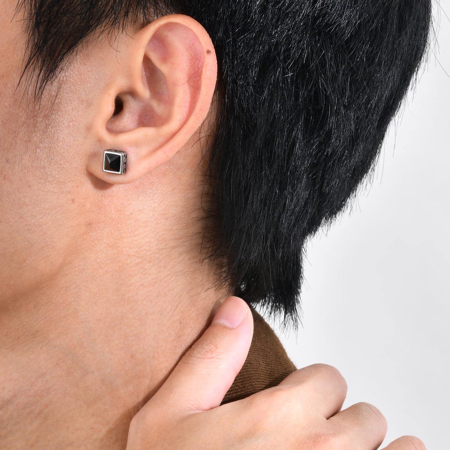 Rockyu ピアス メンズ シルバー スタッドピアス ステンレス鋼 四角形 金属アレルギー対応 彫刻模様 クール アクセサリー
