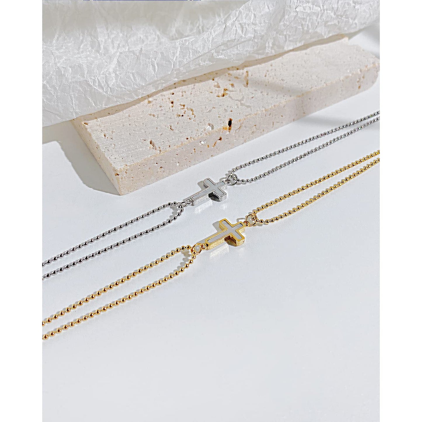 Rockyu クロスデザイン 二連ボールチェーンブレスレット レディース