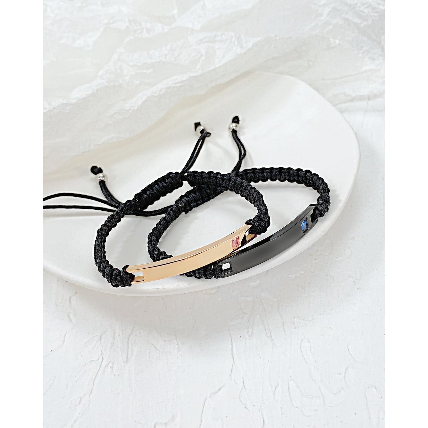 Rockyu レザーブレスレット ペア カップル用 調整可能コードタイプ ステンレス×CZ プレート 男女兼用