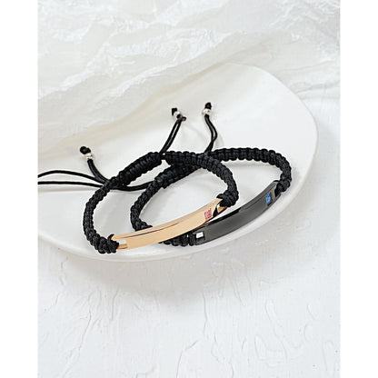 Rockyu レザーブレスレット ペア カップル用 調整可能コードタイプ ステンレス×CZ プレート 男女兼用