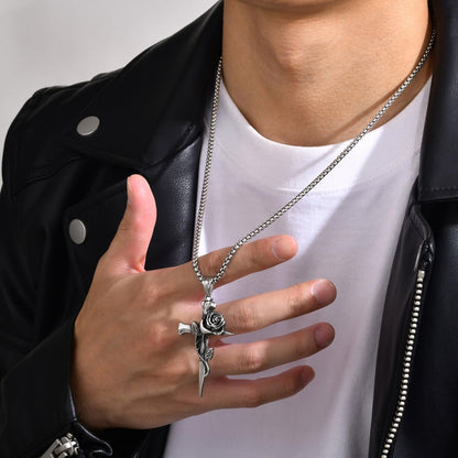 Rockyu ネックレス メンズ シルバー 十字架＆バラモチーフ ステンレス製 ロングチェーン ヴィンテージ風 アレルギー対応