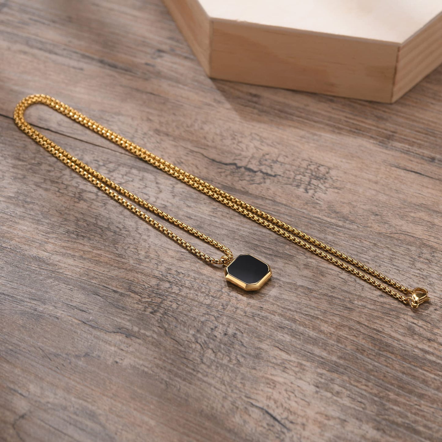 Rockyu ネックレス メンズ 正方形ペンダント ベネチアンチェーン 60cm 金属アレルギー対応 全10種