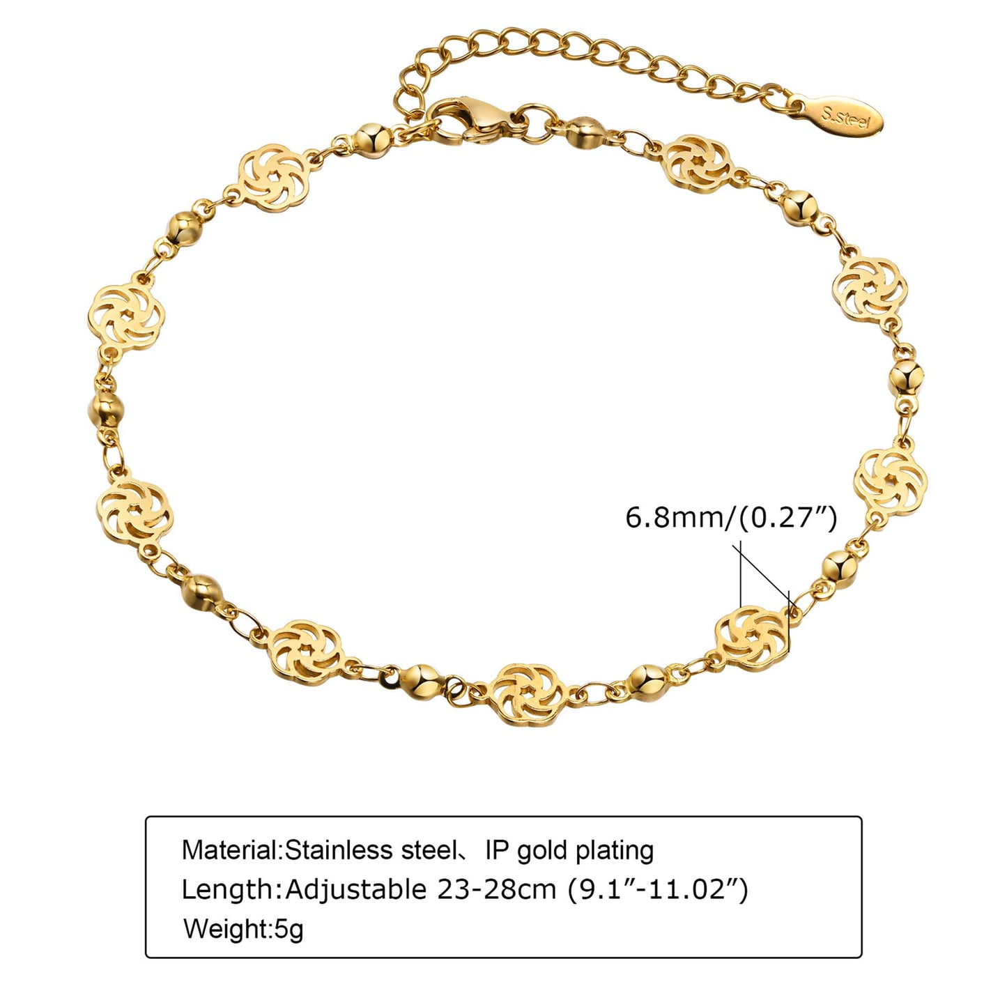 アンクレット レディース ゴールド ステンレス 18金仕上げ 風車モチーフ ビーズ 透かし彫り 金属アレルギー対応