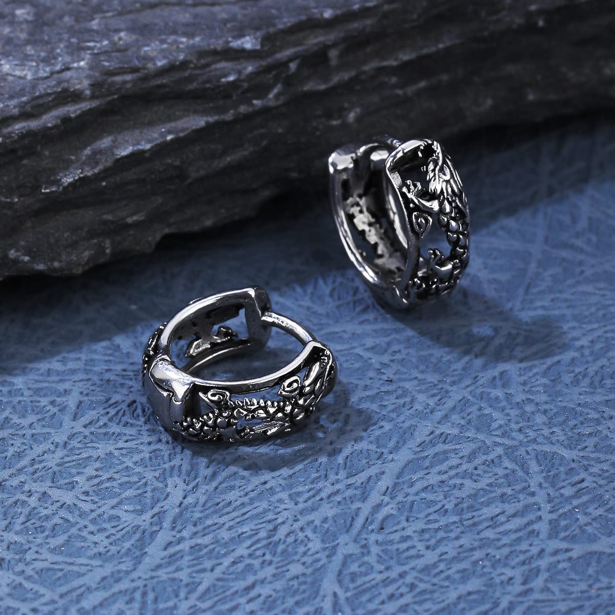 Rockyu メンズ シルバー フープピアス ステンレス鋼 金属アレルギー対応 ヴィンテージチェーン デザインリング