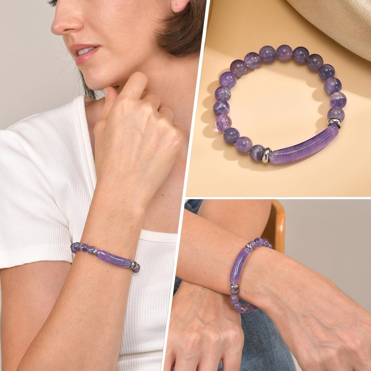 [Rockyu] ブレスレット レディース アメジスト 天然石 パープル 数珠ブレスレット 誕生石 二月 ステンレスリング付き