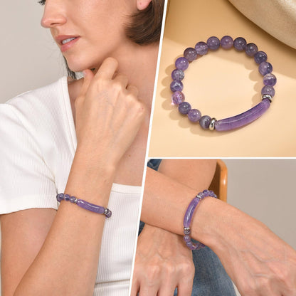 [Rockyu] ブレスレット レディース アメジスト 天然石 パープル 数珠ブレスレット 誕生石 二月 ステンレスリング付き