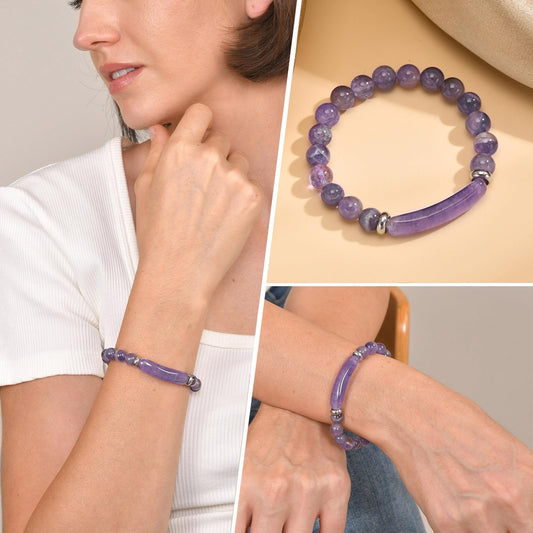 [Rockyu] ブレスレット レディース アメジスト 天然石 パープル 数珠ブレスレット 誕生石 二月 ステンレスリング付き