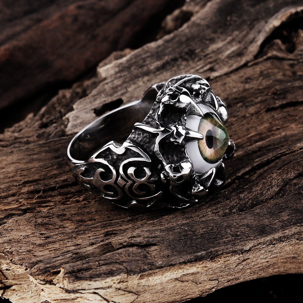 Rockyu 悪魔の目リング メンズ ステンレス製 アンティーク風 開運ファッションリング
